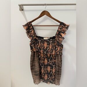 Floral Ruffled Square-Neck Women's Top - Black & Brown
